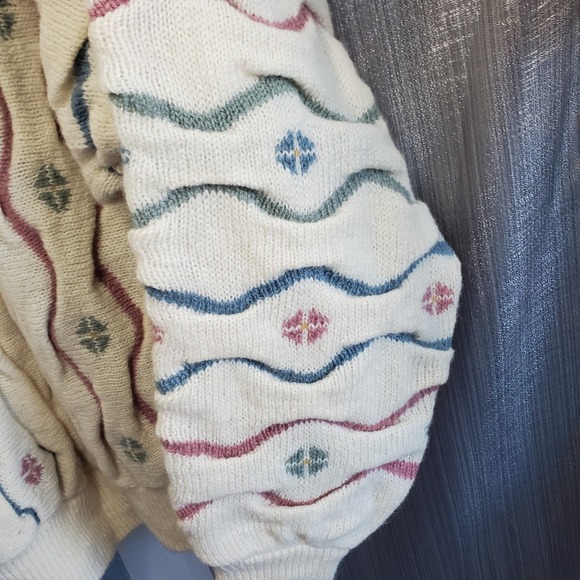 Tulchan 100% Pure New Wool Cardigan Sweater Cream Multicolor Geometric grandma - Picture 6 of 13